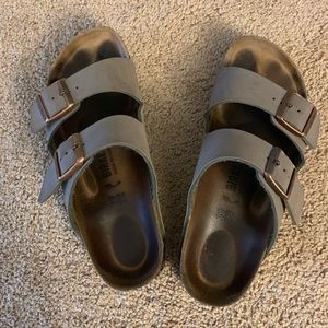 Birkenstock gray slip on sandals